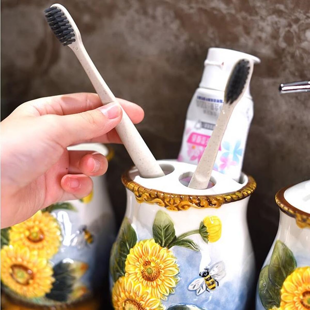 Ceramic Sunflower Bathroom Accessories Set, 4 Piece Bathroom Ensemble Set with Toothbrush Holder, Toothbrush Cup, Soap Dispenser, Soap Dish