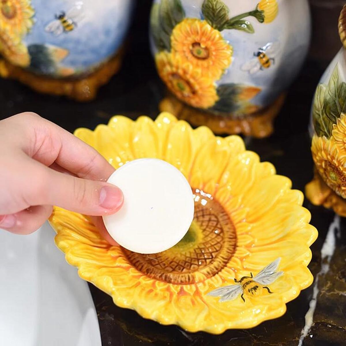 Ceramic Sunflower Bathroom Accessories Set, 4 Piece Bathroom Ensemble Set with Toothbrush Holder, Toothbrush Cup, Soap Dispenser, Soap Dish