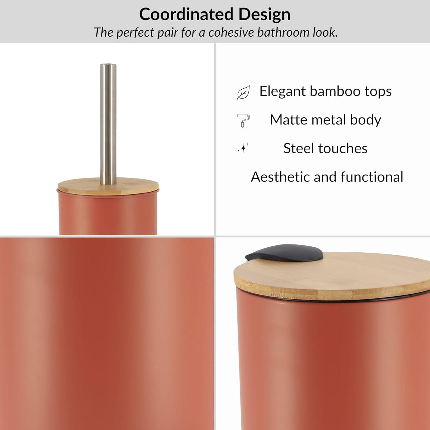 Terracotta Bathroom Set with Bamboo Lid - Matte Metal Trash Can and Toilet Brush, 2.5L Bin with Foot Pedal, Quick-Dry Brush Holder - Compact Set for Small Spaces