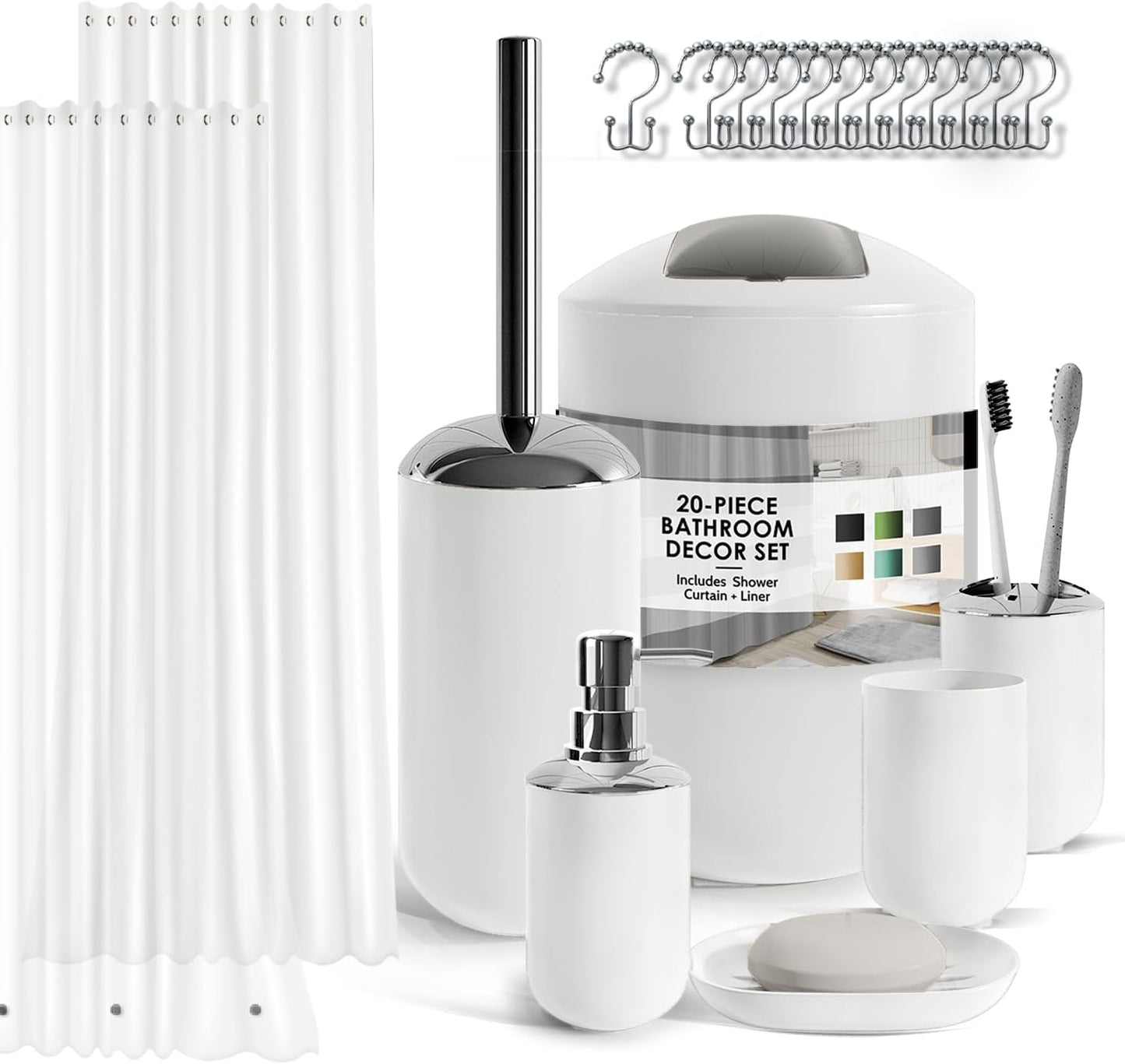 Clara Clark Bathroom Accessories Set - 28PC Bathroom Set with Adhesive Corner Shower Caddy Hanging, Bathroom Sets with Shower Curtain and Rugs, Black Shower Curtain Set with Bathroom Trash Can