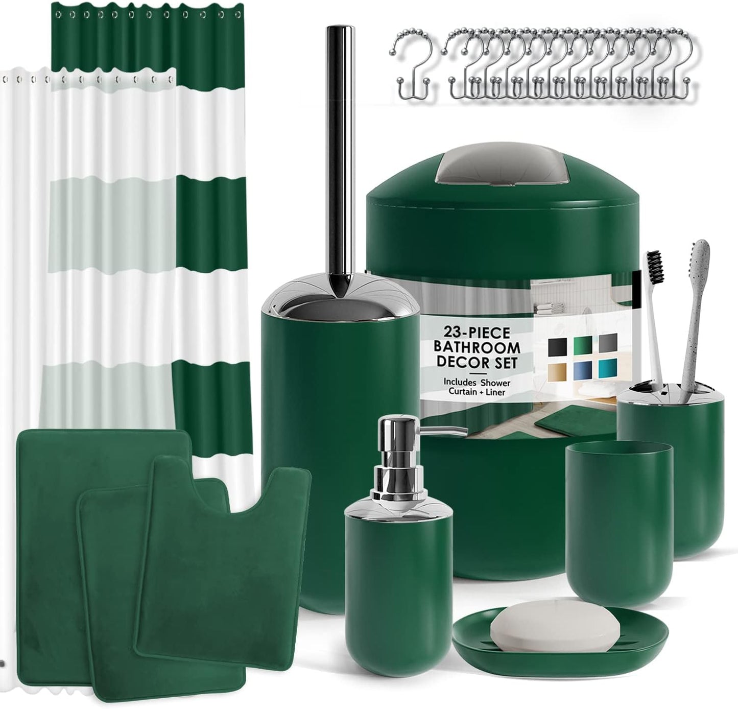 Clara Clark Bathroom Accessories Set - 28PC Bathroom Set with Adhesive Corner Shower Caddy Hanging, Bathroom Sets with Shower Curtain and Rugs, Black Shower Curtain Set with Bathroom Trash Can