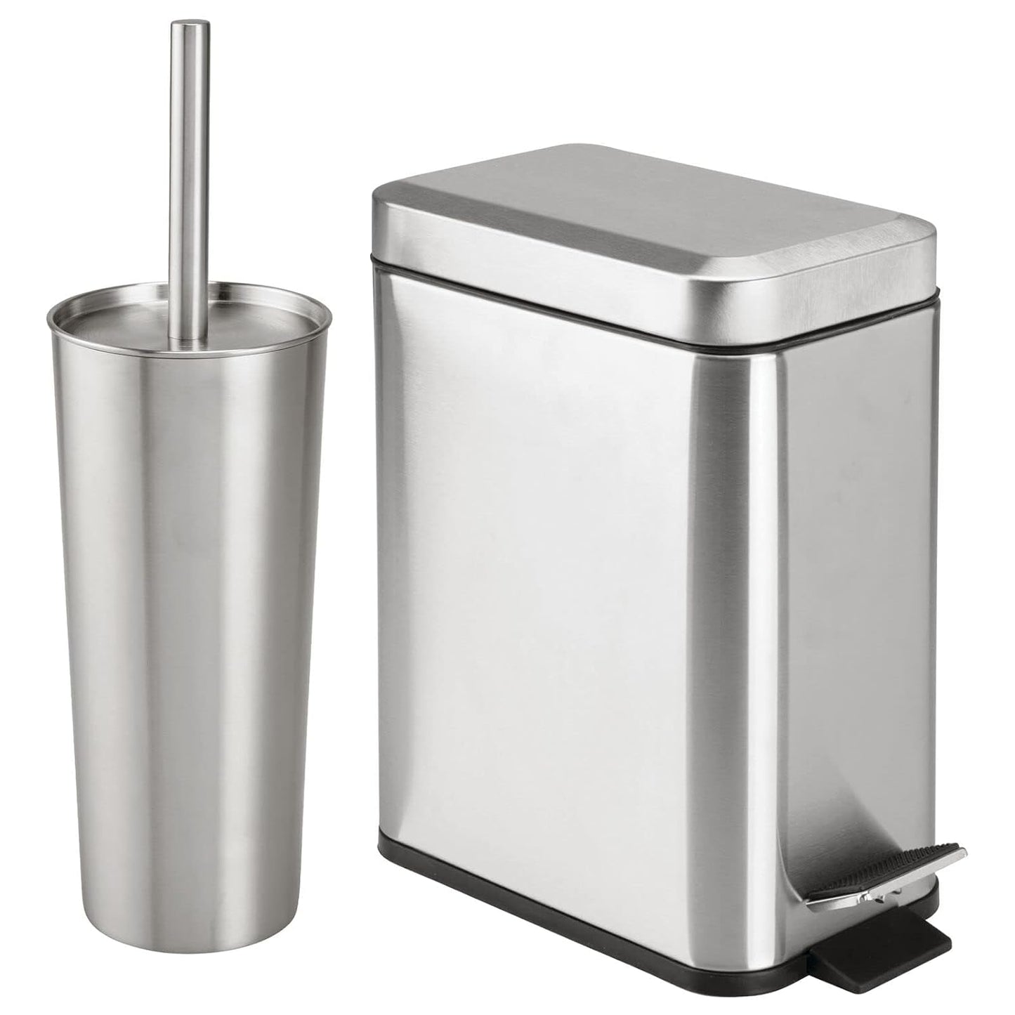 mDesign Metal Freestanding Slim Toilet Bowl Brush and Holder + Rectangle Narrow 5 Liter / 1.3 Gallon Step Pedal Trash Can Wastebasket for Bathroom - Small, Compact Design - Set of 2 - White Marble