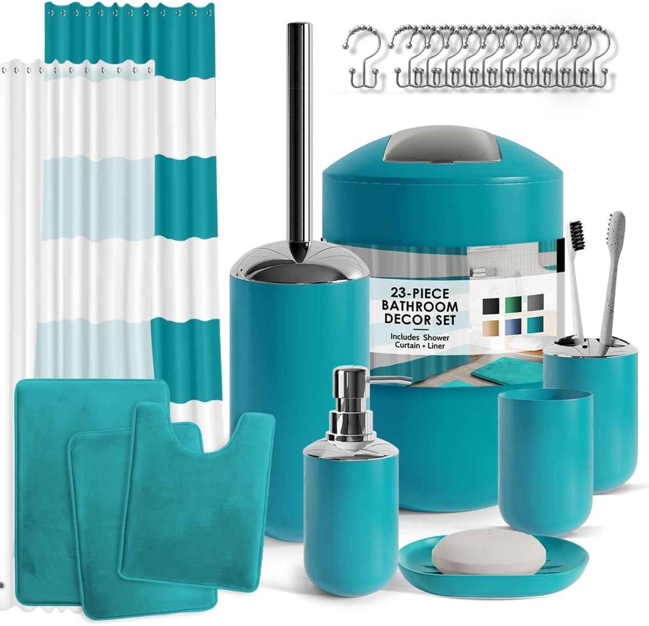 Clara Clark Bathroom Accessories Set - 28PC Bathroom Set with Adhesive Corner Shower Caddy Hanging, Bathroom Sets with Shower Curtain and Rugs, Black Shower Curtain Set with Bathroom Trash Can