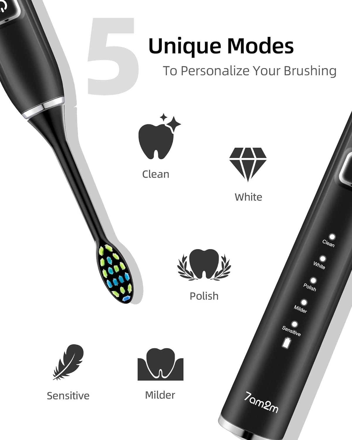 7AM2M Electric Toothbrush 2 Pack Set for Kids and Adults, 12 Brush Heads,5 Adjustable Modes, Built-in 2-Minute Smart Timer,Wireless Fast Charge for 60 Days,IPX7 Waterproof SonicToothbrush(Black+Pink)