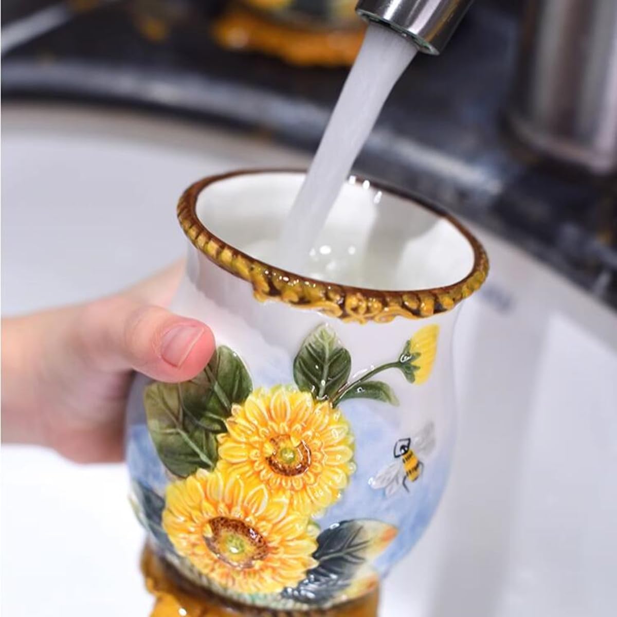 Ceramic Sunflower Bathroom Accessories Set, 4 Piece Bathroom Ensemble Set with Toothbrush Holder, Toothbrush Cup, Soap Dispenser, Soap Dish