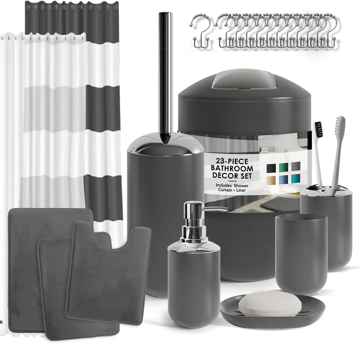 Clara Clark Bathroom Accessories Set - 28PC Bathroom Set with Adhesive Corner Shower Caddy Hanging, Bathroom Sets with Shower Curtain and Rugs, Black Shower Curtain Set with Bathroom Trash Can