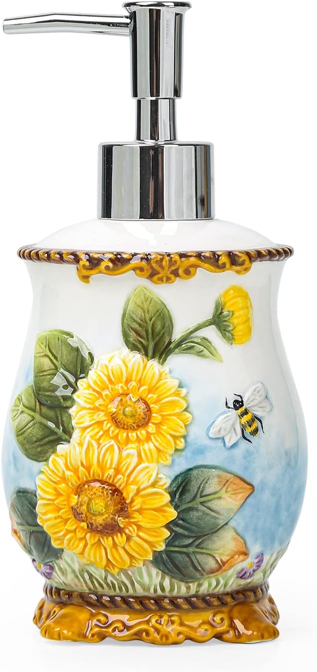 Ceramic Sunflower Bathroom Accessories Set, 4 Piece Bathroom Ensemble Set with Toothbrush Holder, Toothbrush Cup, Soap Dispenser, Soap Dish