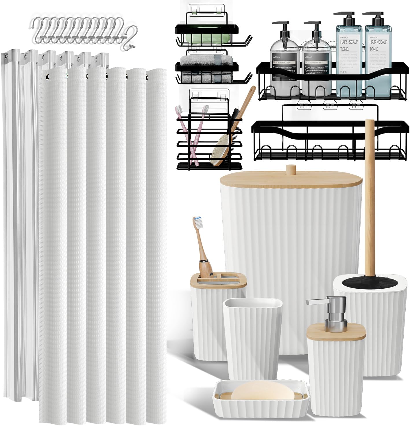 Bathroom Accessories Set with Shower Caddy and Bath Rugs 27PC Bathroom Accessory Set with Shower Caddies Green Bath Rugs, Shower Curtain Set, Toilet Brush, Trash Can, Soap Dispenser, Toothbrush holder
