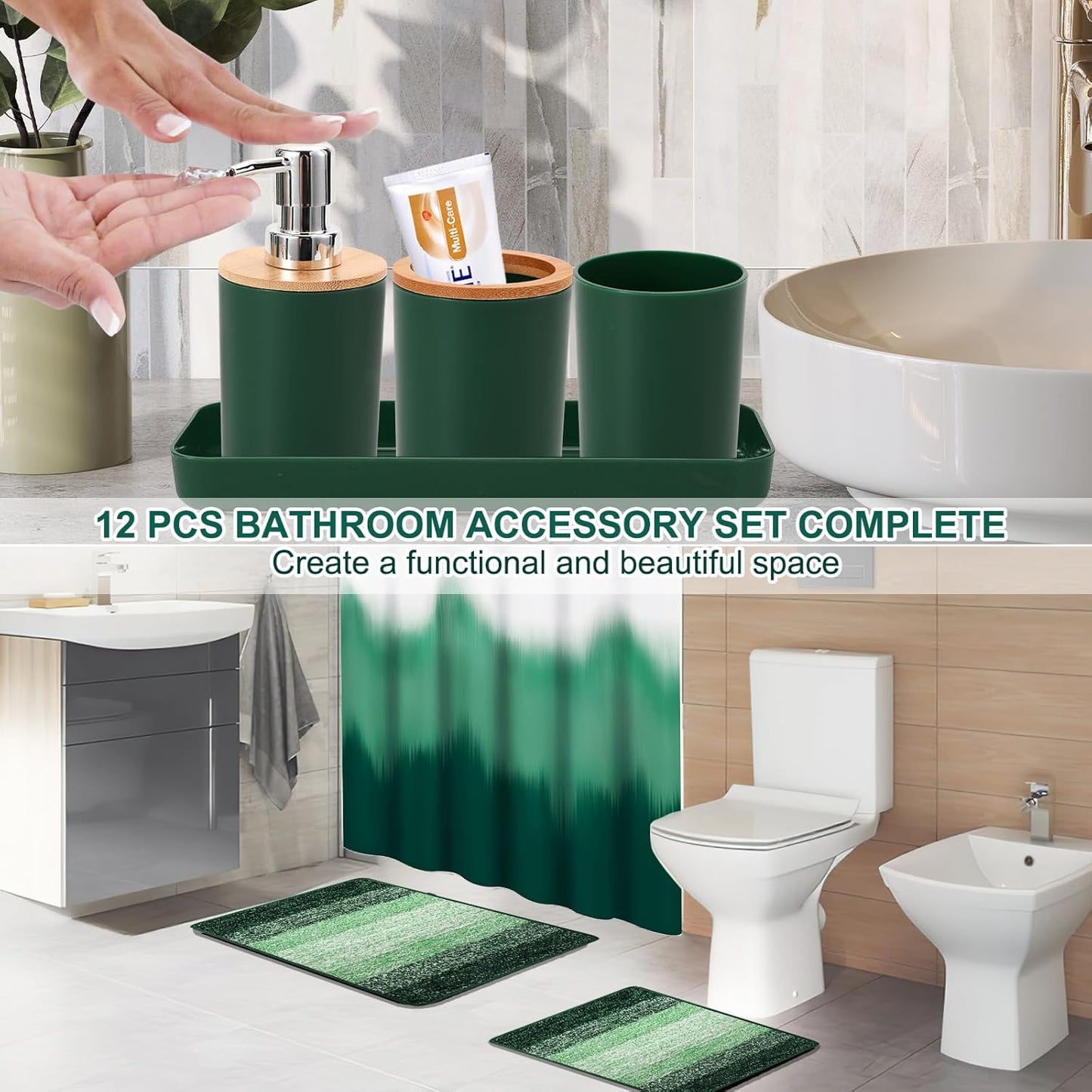 iMucci Bathroom Accessories Dark Green Bathroom Sets with Shower Curtain and Rug, Dark Green Ombre Waterproof Shower Curtain with Ultra Absorbent Rug Bathroom Accessories Set for Home