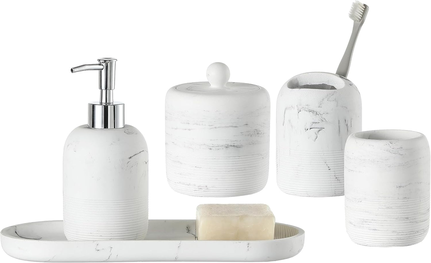 Bathroom Accessories Set, 5-Piece Resin Bath Accessory Complete Set with Lotion Dispenser/Soap Pump, Cotton Jar, Tray, Tumbler and Toothbrush Holder (Marble Look)