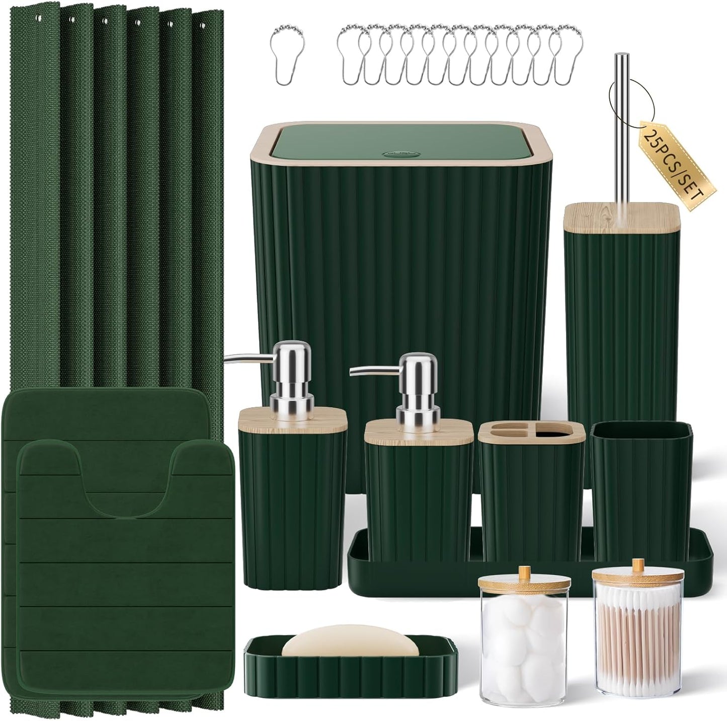 Bathroom Set with Shower Curtain and Rugs- 25PC Bathroom Accessory Set, Black Shower Curtain Set, Toilet Brush, Trash Can, Qtip Holder Dispenser & Soap Dispenser