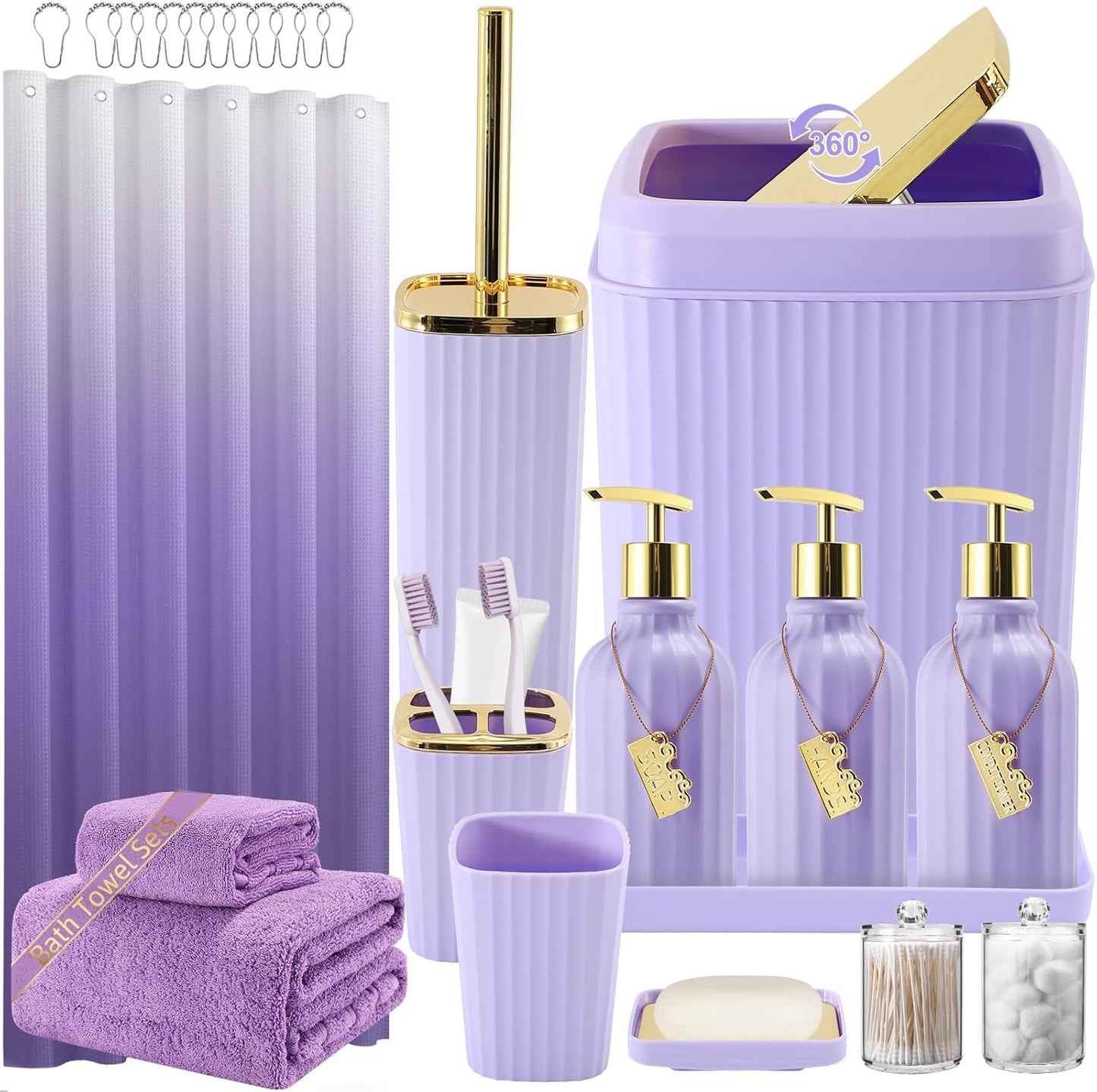 32PCS Bathroom Accessory Set Bathroom Accessories Set Navy Blue Bathroom Set, Shower Curtain Set, 2 Piece Bath Towel Set, 3PC Soap Dispenser, Toilet Brush & Trash Can