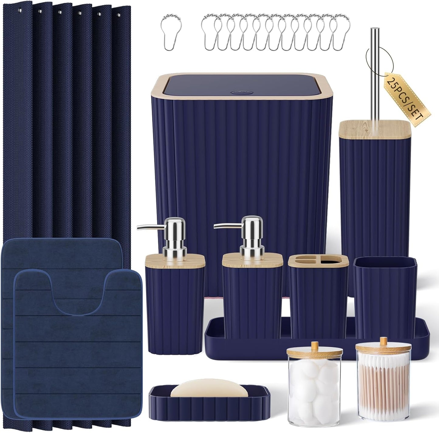 Bathroom Set with Shower Curtain and Rugs- 25PC Bathroom Accessory Set, Black Shower Curtain Set, Toilet Brush, Trash Can, Qtip Holder Dispenser & Soap Dispenser