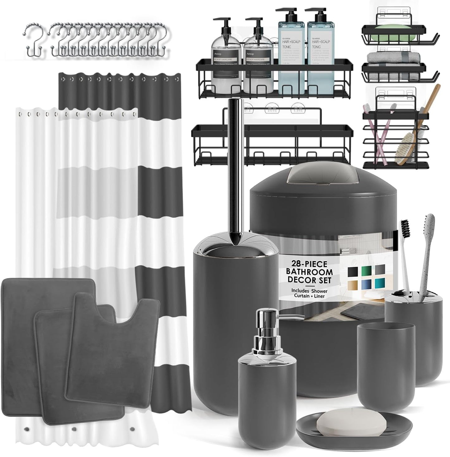 Clara Clark Bathroom Accessories Set - 28PC Bathroom Set with Adhesive Corner Shower Caddy Hanging, Bathroom Sets with Shower Curtain and Rugs, Black Shower Curtain Set with Bathroom Trash Can