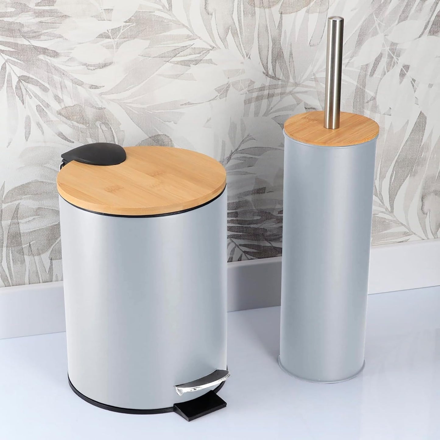 Terracotta Bathroom Set with Bamboo Lid - Matte Metal Trash Can and Toilet Brush, 2.5L Bin with Foot Pedal, Quick-Dry Brush Holder - Compact Set for Small Spaces