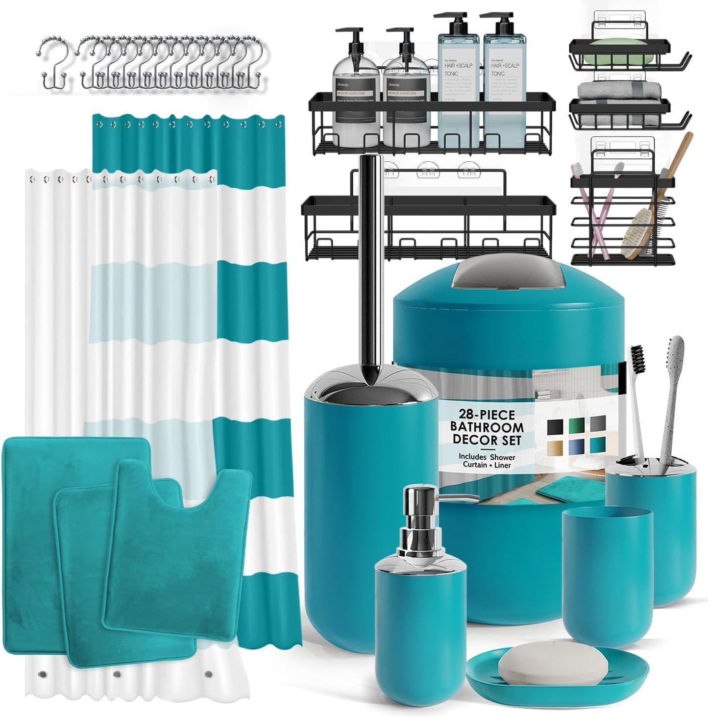Clara Clark Bathroom Accessories Set - 28PC Bathroom Set with Adhesive Corner Shower Caddy Hanging, Bathroom Sets with Shower Curtain and Rugs, Black Shower Curtain Set with Bathroom Trash Can