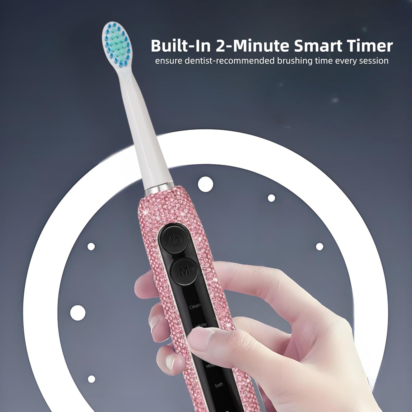 Diamond Sonic Electric Toothbrush Bling Rechargeable Toothbrushes for Adults with 6 Brush Heads Vibrating Toothbrush-5 Modes, USB-C Fast Charge,2Min Smart Timer,IPX7 Waterproof(Pink)