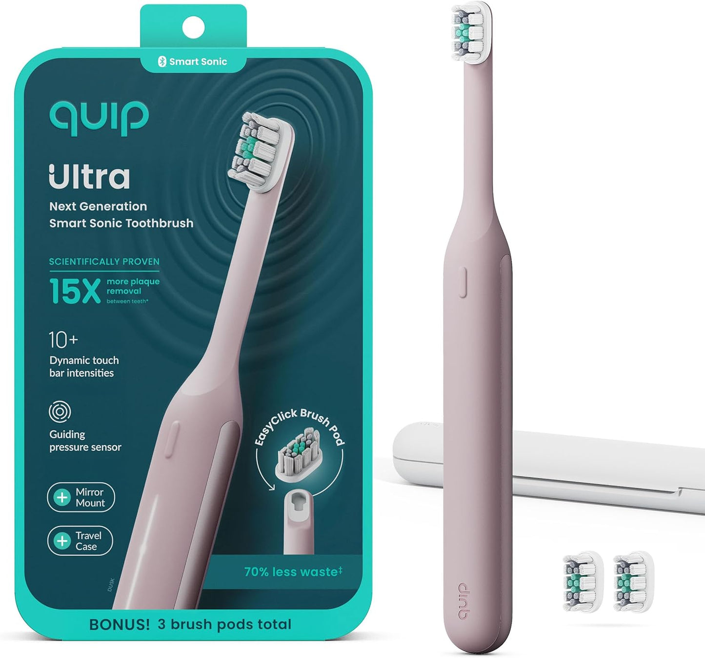 Quip Ultra Next Generation Smart Sonic Toothbrush - Timed Electric Toothbrush for Adults - Replaceable Brush Head, Soft Bristles, Silicone Handle, 30-Day Battery Life, Travel Case - Moss Green