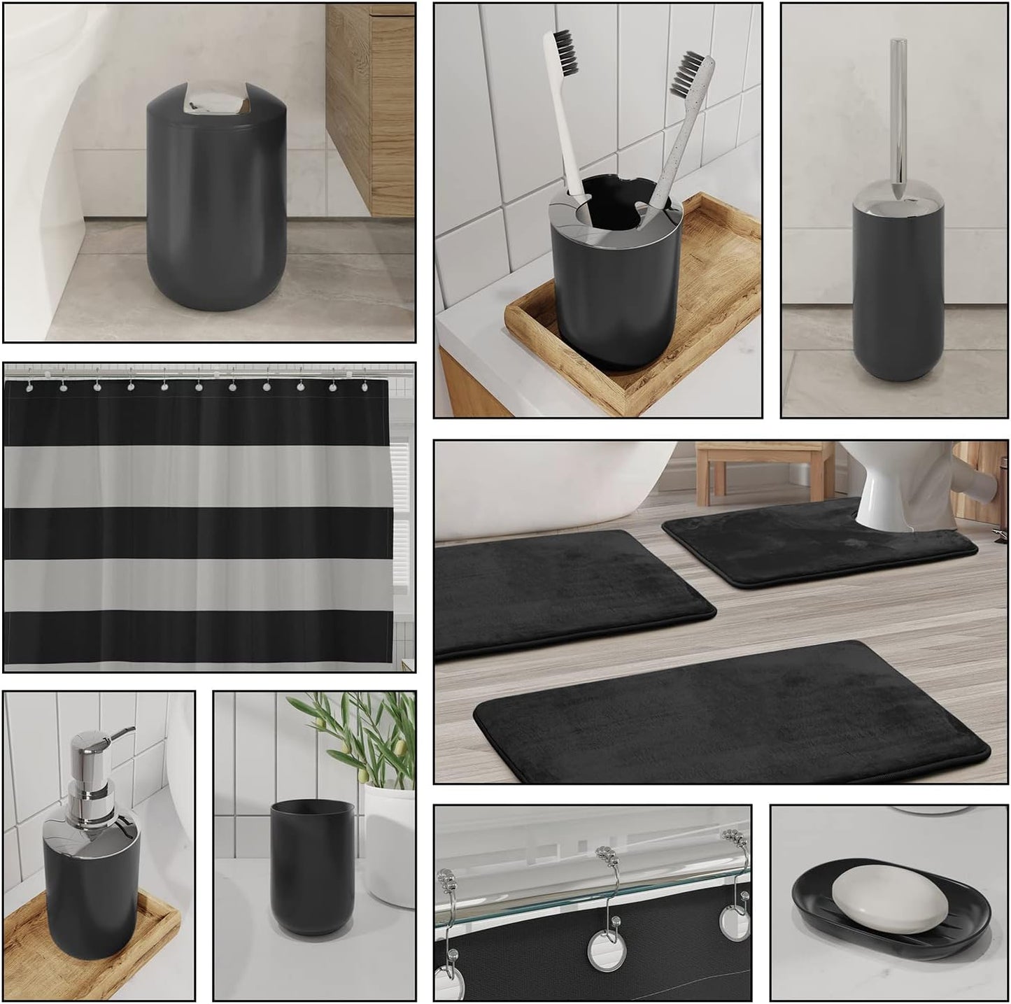 Clara Clark Bathroom Accessories Set - 28PC Bathroom Set with Adhesive Corner Shower Caddy Hanging, Bathroom Sets with Shower Curtain and Rugs, Black Shower Curtain Set with Bathroom Trash Can