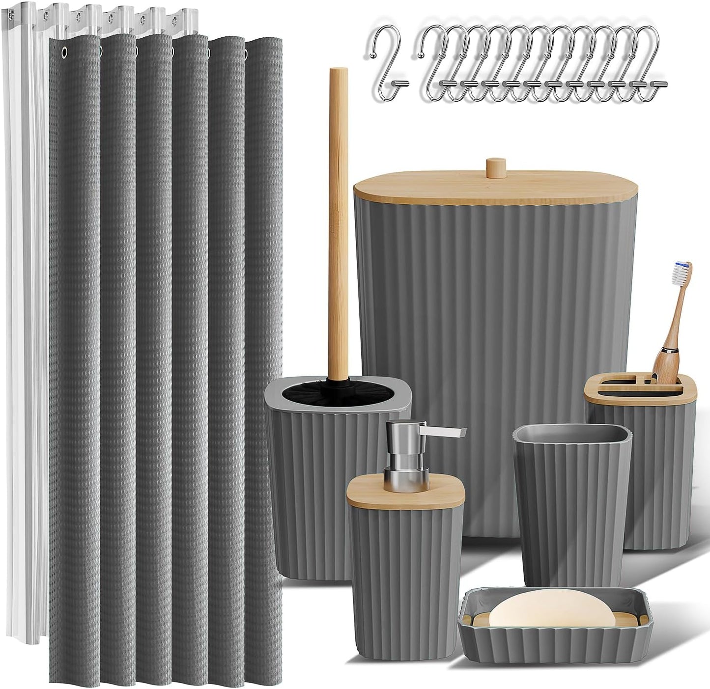 Clara Clark Bathroom Accessories Set - Grey Bathroom Set, Bathroom Sets with Shower Curtain and Rugs, 22PC Shower Curtain Set with Bathroom Trash Can