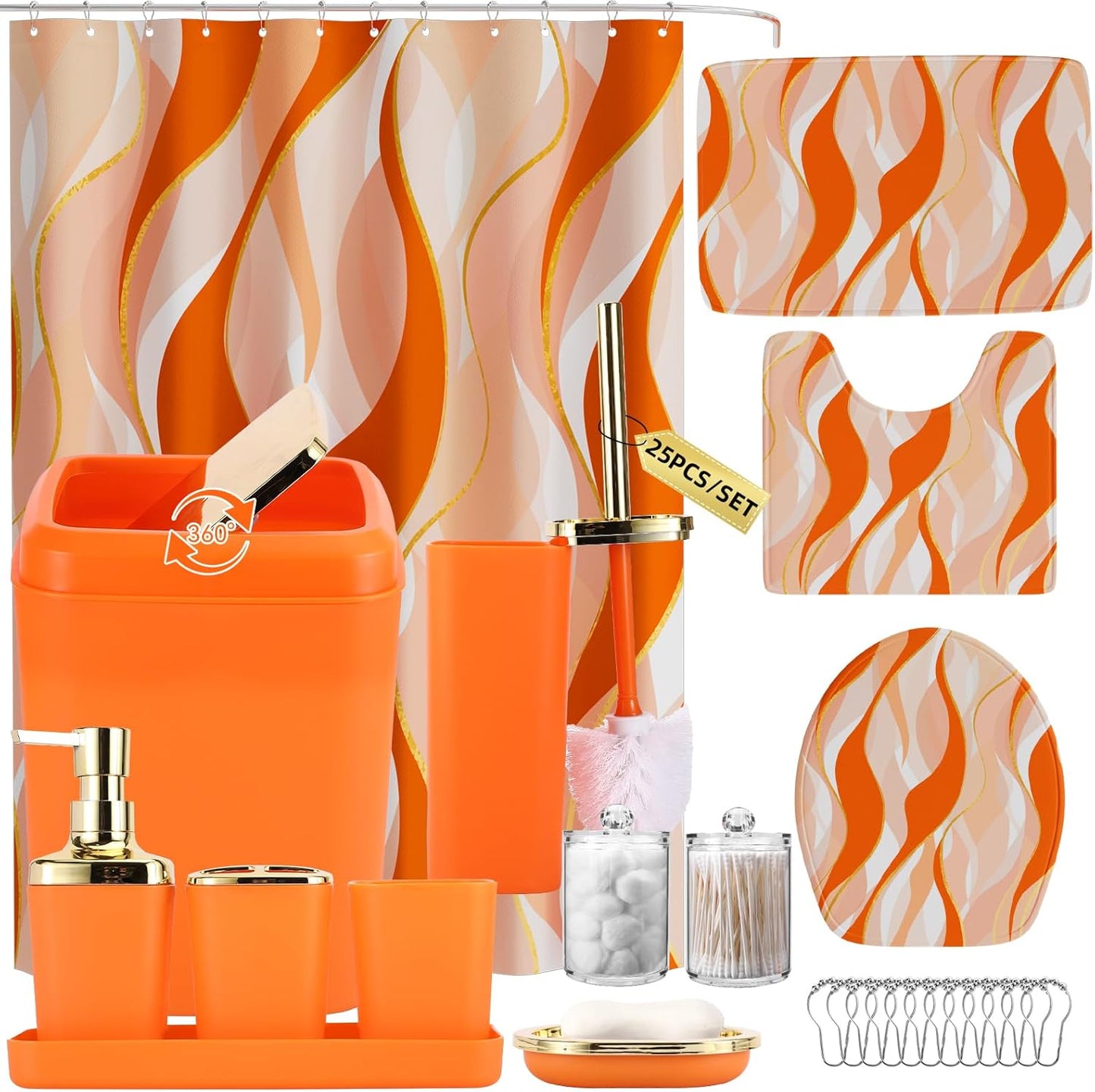 Bathroom Set - Orange Bathroom Accessories Set, Bathroom Sets with Shower Curtain and Rugs, Orange Shower Curtain Set with Bathroom Trash Can, Soap Dispenser, Soap Dish for Home Decor