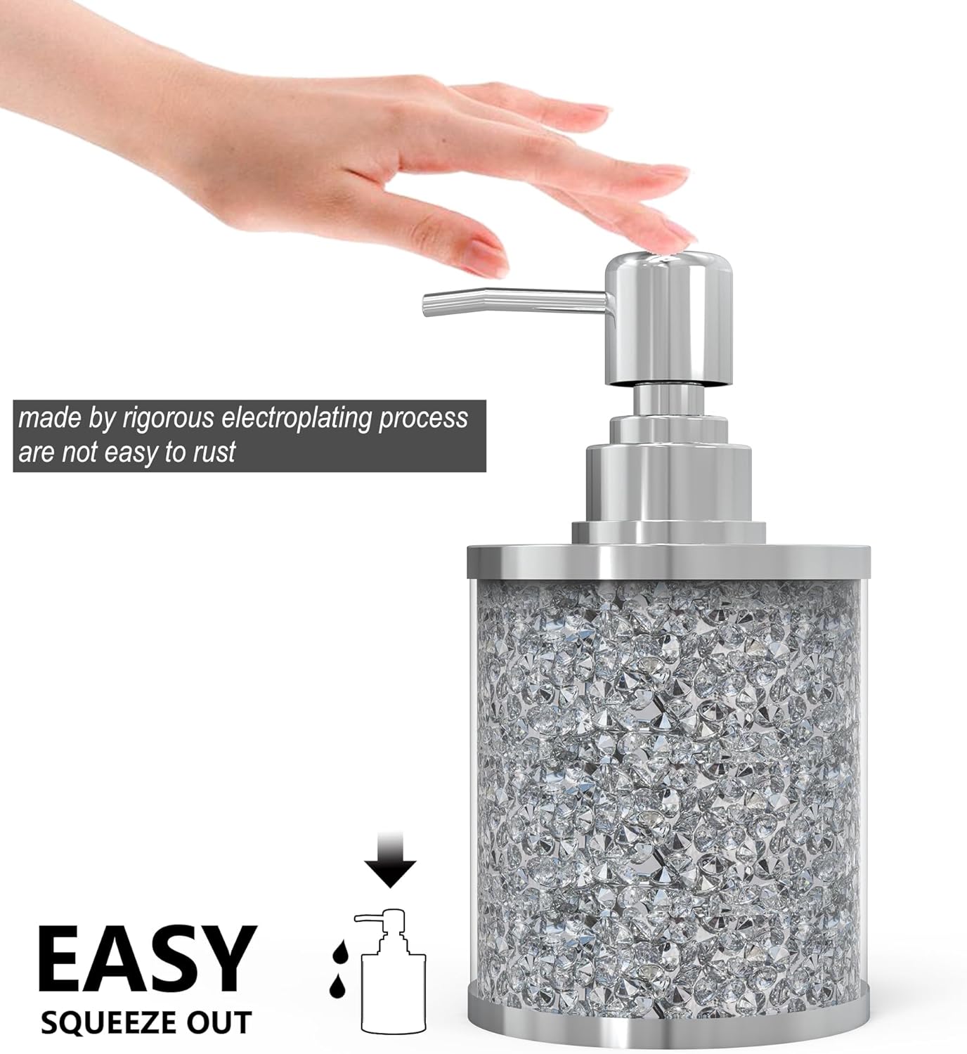 SHYFOY Bathroom Accessories Set, 3 Piece Silver Crystal Crushed Diamond Bathroom Accessory Decor Sets, Glass Bath Restroom Set Vanity Organizer Includes Soap Dispenser, Toothbrush Holder, Soap Dish