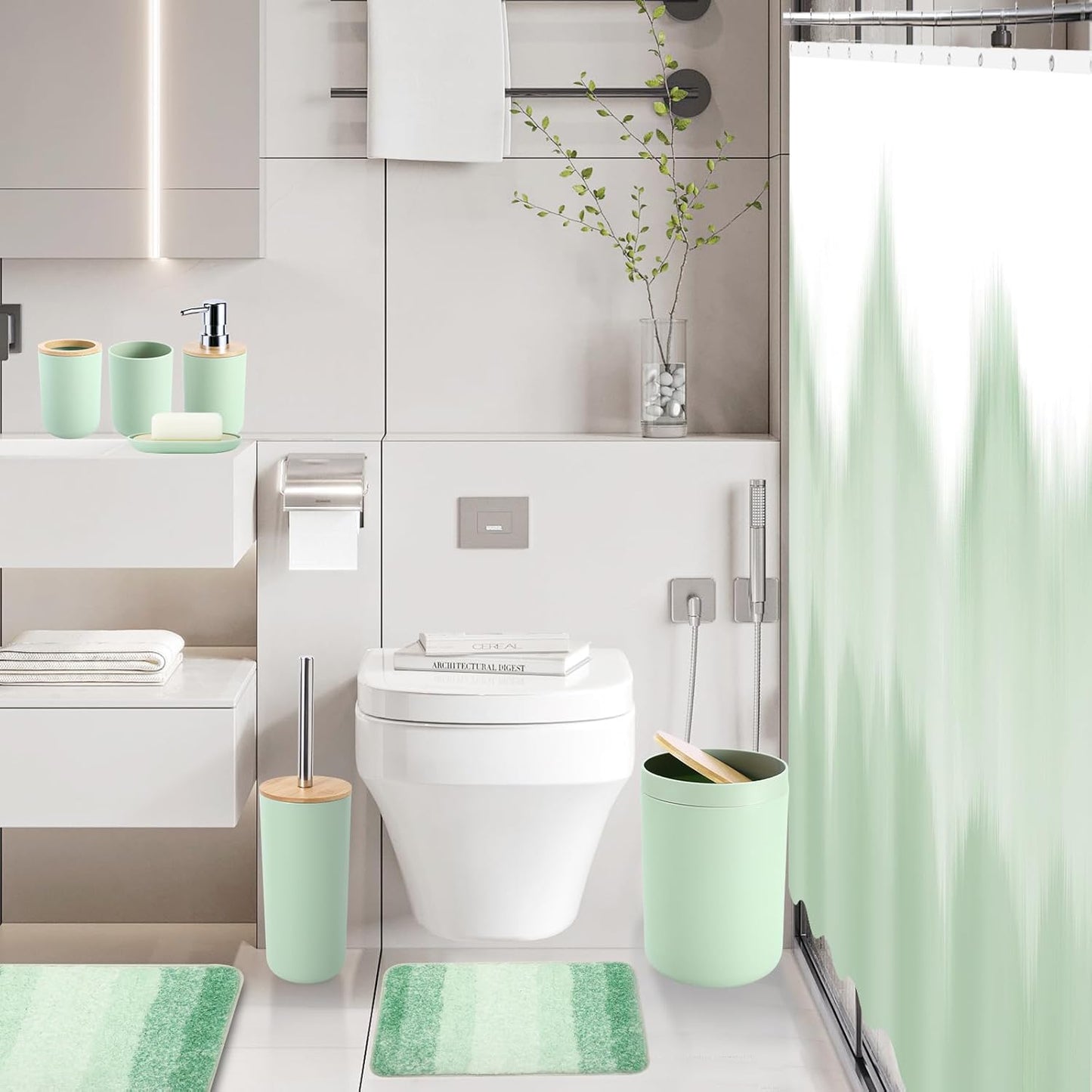 iMucci Bathroom Accessories Green Bathroom Sets with Shower Curtain and Rug, Green Ombre Waterproof Shower Curtain with Ultra Absorbent Rug Bathroom Accessories Set for Home Decor