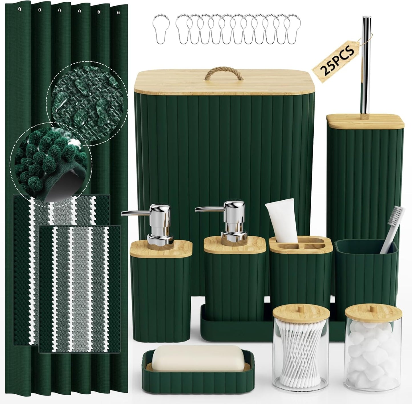 Bathroom Accessory Set - 25PC Bathroom Sets with Shower Curtain and Rugs, Navy Blue Bathroom Set, Bathroom Accessories Set, Shower Curtain Sets with Rugs, Bathroom Trash Can & Soap Dispenser