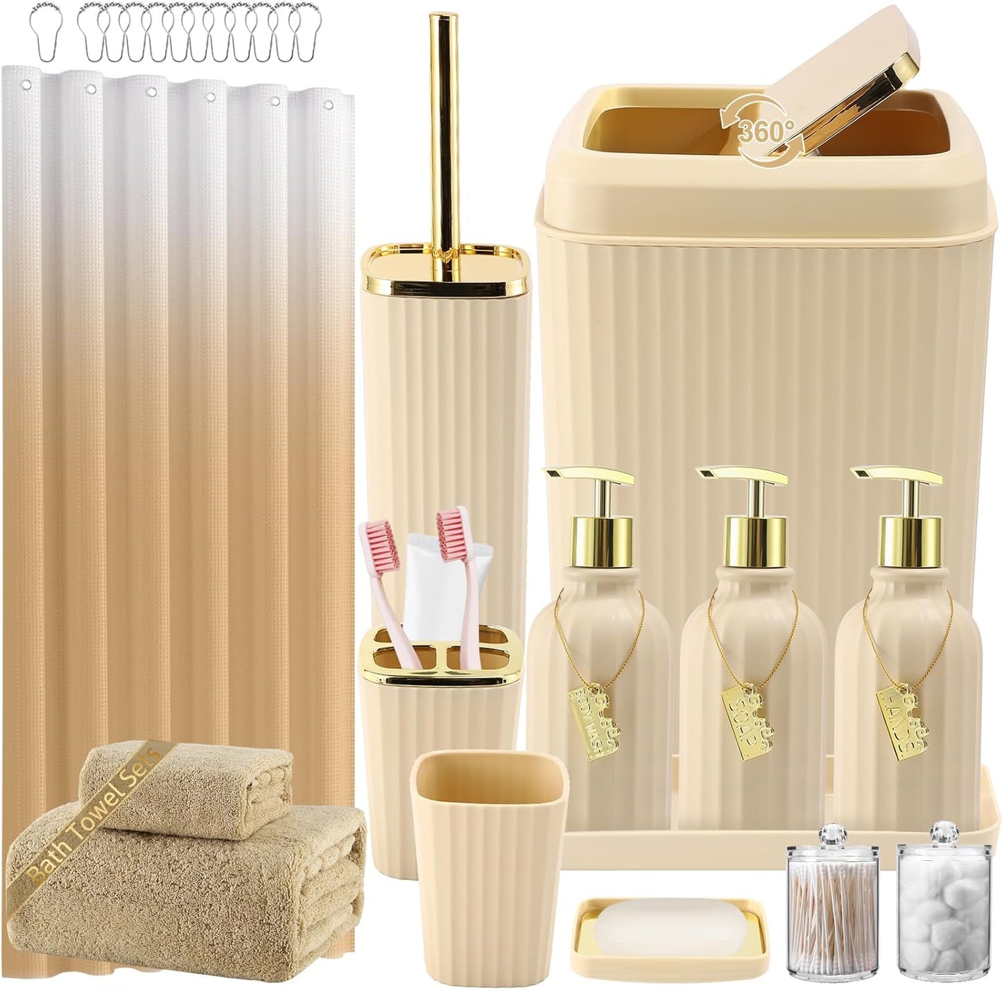 32PCS Bathroom Accessory Set Bathroom Accessories Set Navy Blue Bathroom Set, Shower Curtain Set, 2 Piece Bath Towel Set, 3PC Soap Dispenser, Toilet Brush & Trash Can