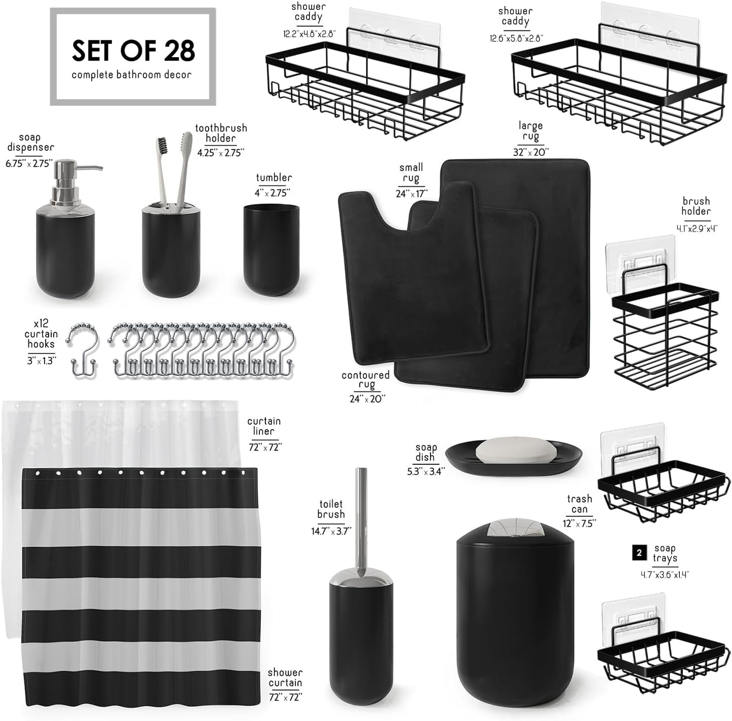 Clara Clark Bathroom Accessories Set - 28PC Bathroom Set with Adhesive Corner Shower Caddy Hanging, Bathroom Sets with Shower Curtain and Rugs, Black Shower Curtain Set with Bathroom Trash Can