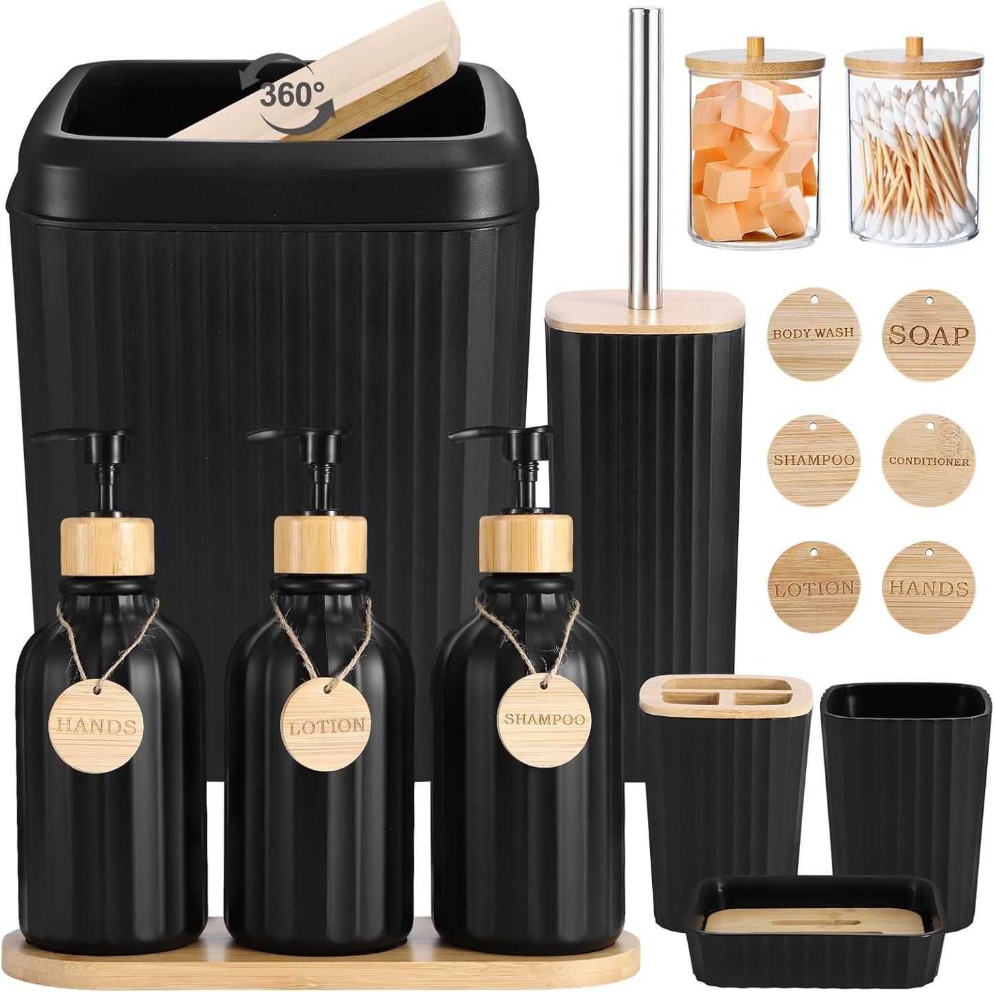 32PCS Bathroom Sets with Shower Curtain and Rugs Beige Bathroom Accessories Set Shower Curtain Set 3PCS Lotion Soap Dispenser Bathroom Accessories with Black Bathroom Decor