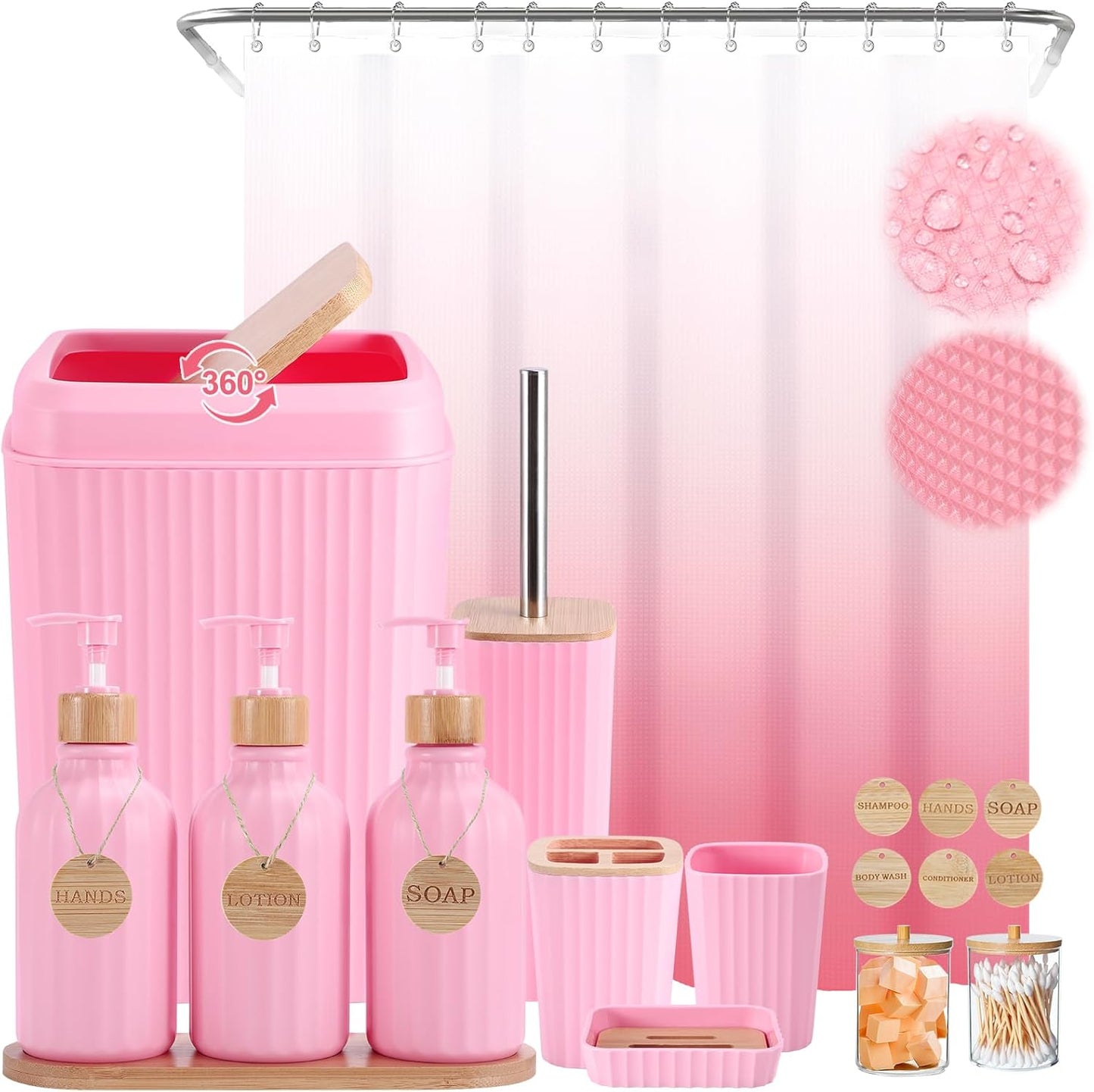 32PCS Bathroom Sets with Shower Curtain and Rugs Beige Bathroom Accessories Set Shower Curtain Set 3PCS Lotion Soap Dispenser Bathroom Accessories with Black Bathroom Decor
