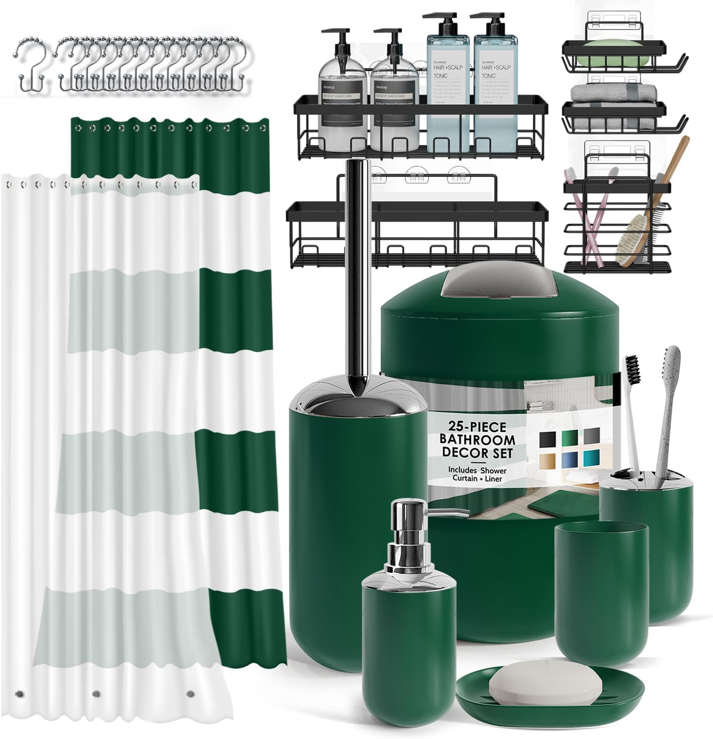 Clara Clark Bathroom Accessories Set - 28PC Bathroom Set with Adhesive Corner Shower Caddy Hanging, Bathroom Sets with Shower Curtain and Rugs, Black Shower Curtain Set with Bathroom Trash Can