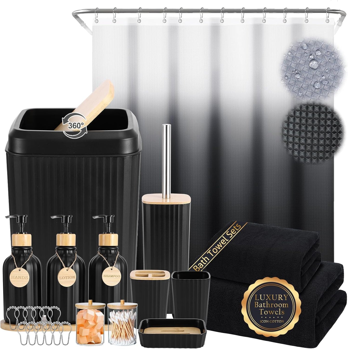 32PCS Bathroom Sets with Shower Curtain and Rugs Beige Bathroom Accessories Set Shower Curtain Set 3PCS Lotion Soap Dispenser Bathroom Accessories with Black Bathroom Decor