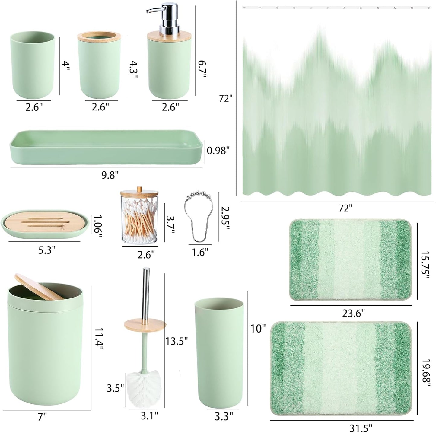 iMucci Bathroom Accessories Green Bathroom Sets with Shower Curtain and Rug, Green Ombre Waterproof Shower Curtain with Ultra Absorbent Rug Bathroom Accessories Set for Home Decor