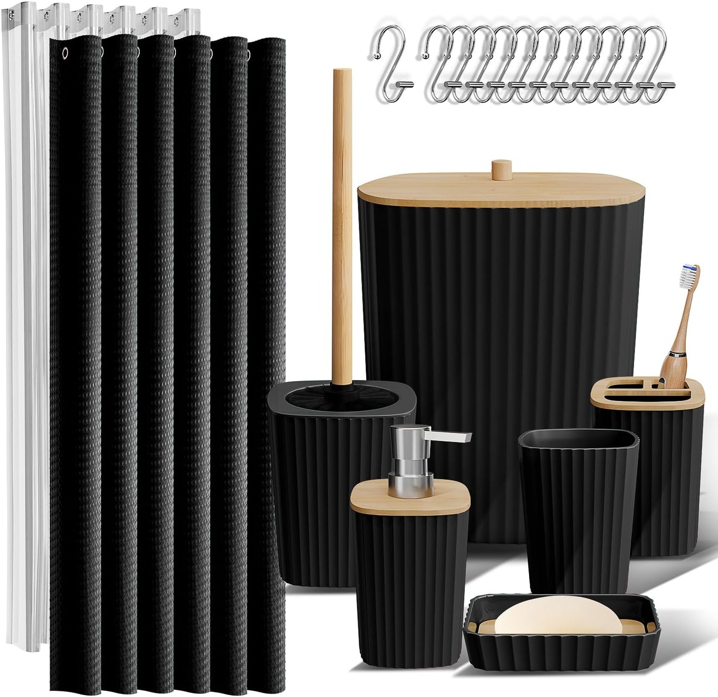 Clara Clark Bathroom Accessories Set - Grey Bathroom Set, Bathroom Sets with Shower Curtain and Rugs, 22PC Shower Curtain Set with Bathroom Trash Can