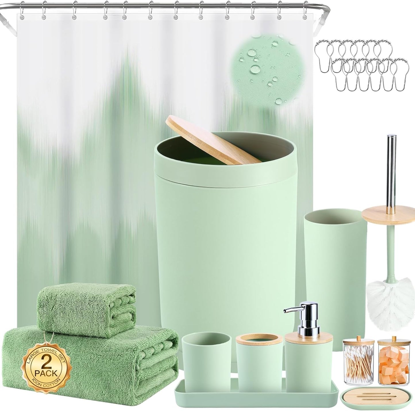 iMucci Bathroom Accessories Dark Green Bathroom Sets with Shower Curtain and Rug, Dark Green Ombre Waterproof Shower Curtain with Ultra Absorbent Rug Bathroom Accessories Set for Home