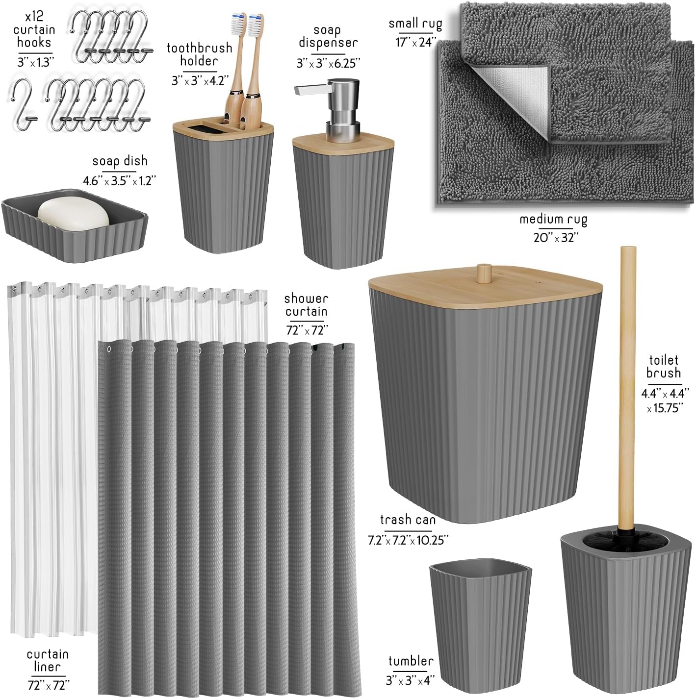 Clara Clark Bathroom Accessories Set - Grey Bathroom Set, Bathroom Sets with Shower Curtain and Rugs, 22PC Shower Curtain Set with Bathroom Trash Can