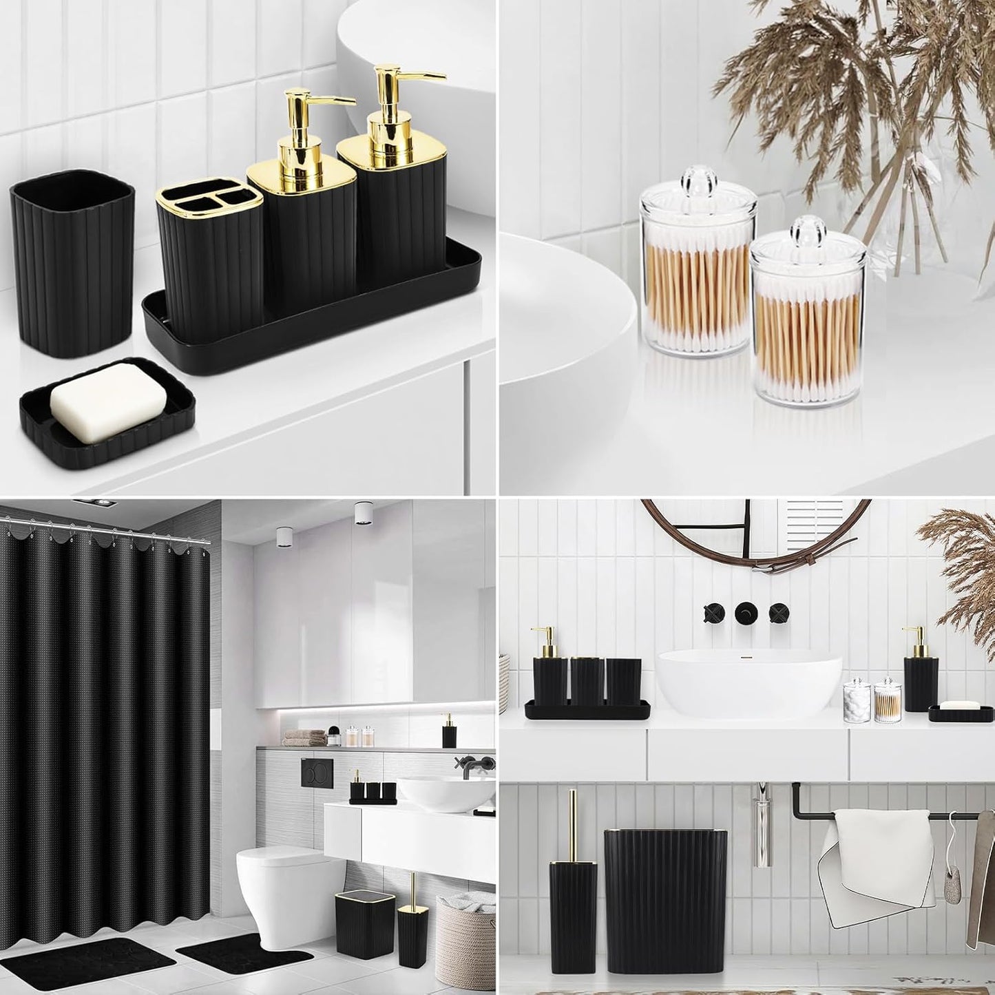 Bathroom Set with Shower Curtain and Rugs- 25PC Bathroom Accessory Set, Black Shower Curtain Set, Toilet Brush, Trash Can, Qtip Holder Dispenser & Soap Dispenser