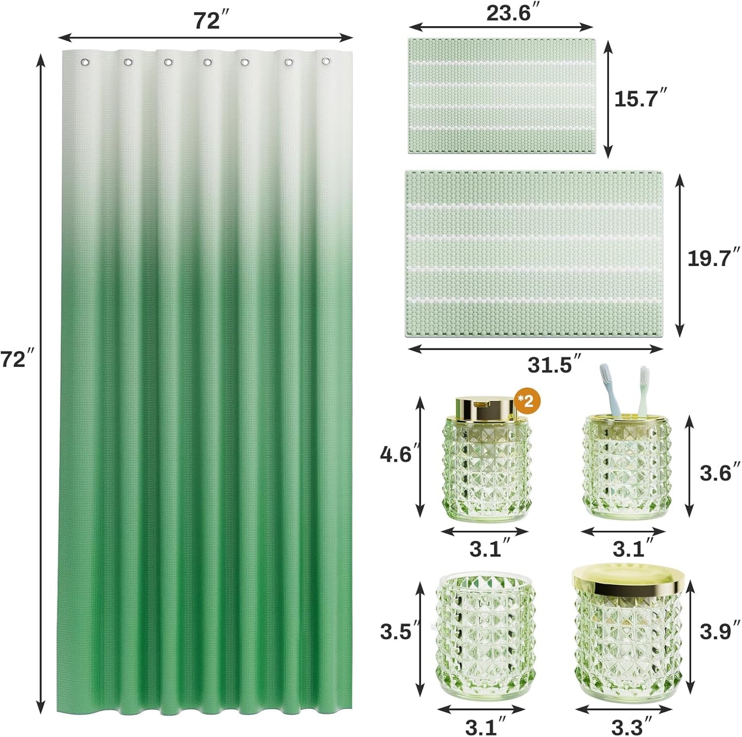 Bathroom Sets with Shower Curtain and Rugs and Accessories, Glass Bathroom Accessories Set Green Bathroom Set Bathroom Sets, Green Bath Mat and Diamond Soap Dispenser for Bathroom Decor