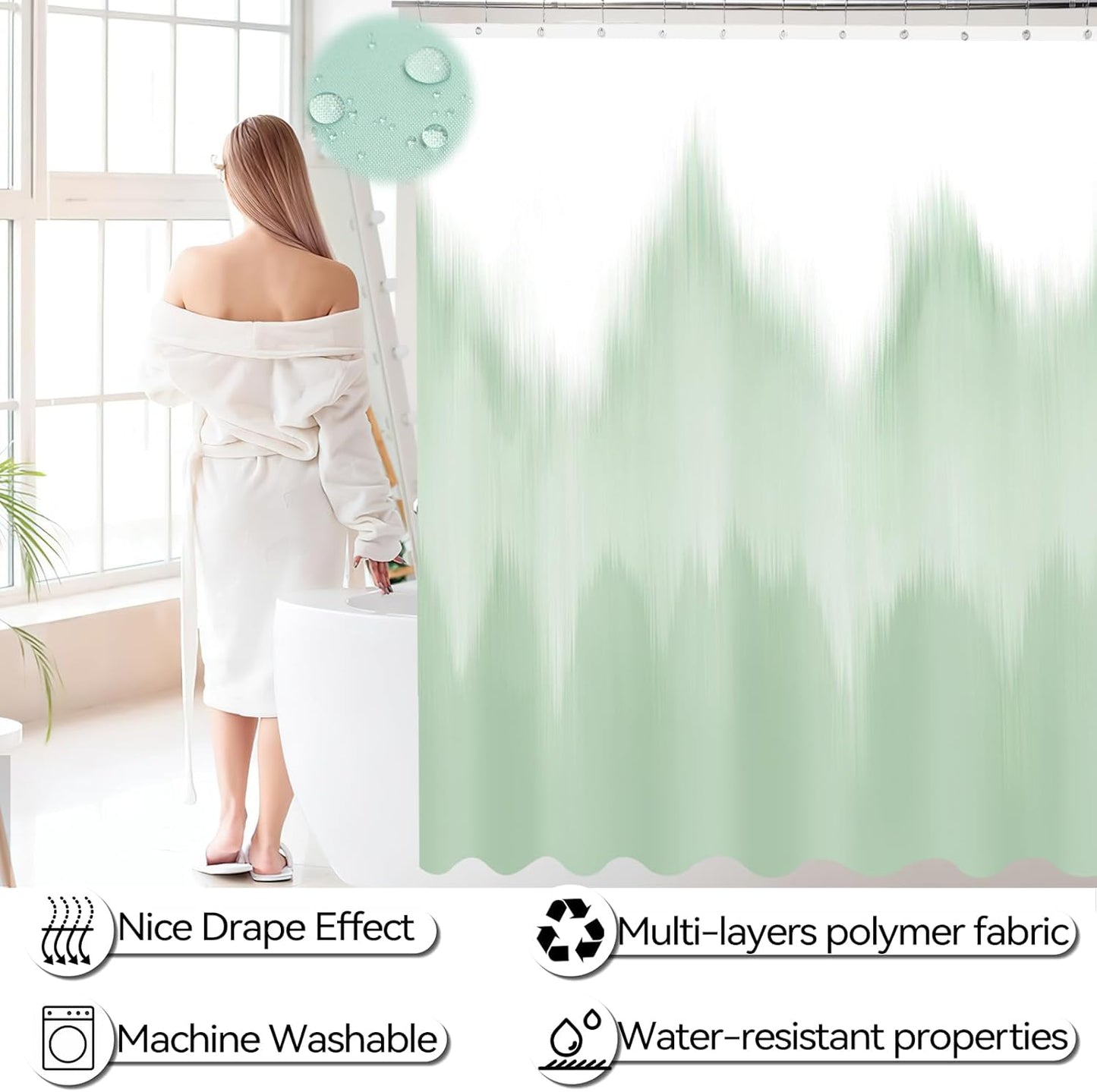iMucci Bathroom Accessories Green Bathroom Sets with Shower Curtain and Rug, Green Ombre Waterproof Shower Curtain with Ultra Absorbent Rug Bathroom Accessories Set for Home Decor