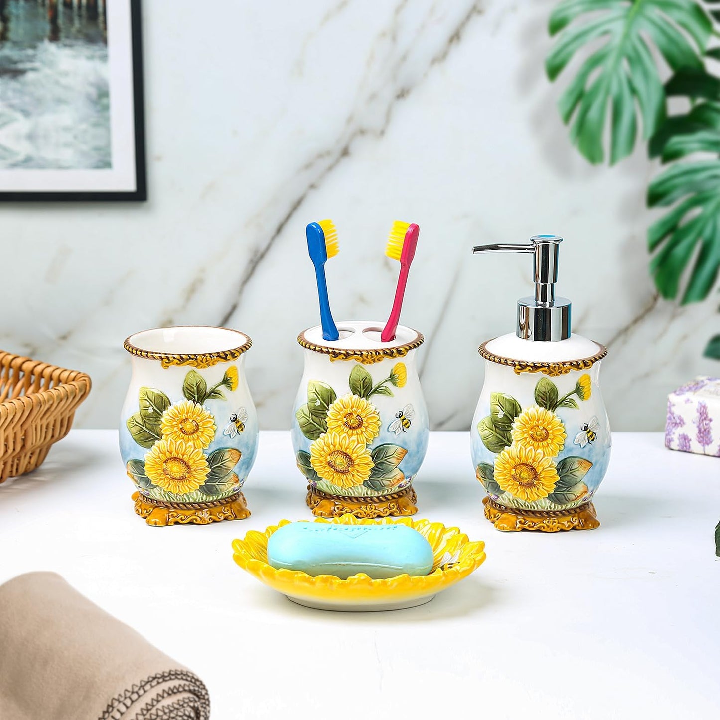 Ceramic Sunflower Bathroom Accessories Set, 4 Piece Bathroom Ensemble Set with Toothbrush Holder, Toothbrush Cup, Soap Dispenser, Soap Dish