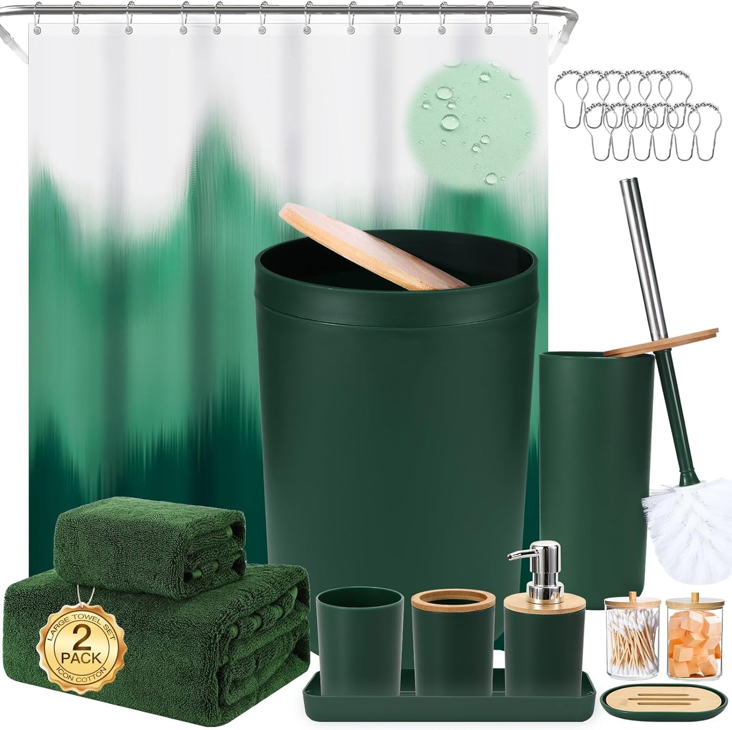iMucci Bathroom Accessories Dark Green Bathroom Sets with Shower Curtain and Rug, Dark Green Ombre Waterproof Shower Curtain with Ultra Absorbent Rug Bathroom Accessories Set for Home