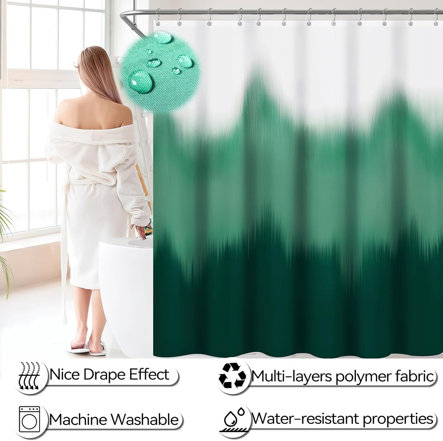 iMucci Bathroom Accessories Dark Green Bathroom Sets with Shower Curtain and Rug, Dark Green Ombre Waterproof Shower Curtain with Ultra Absorbent Rug Bathroom Accessories Set for Home