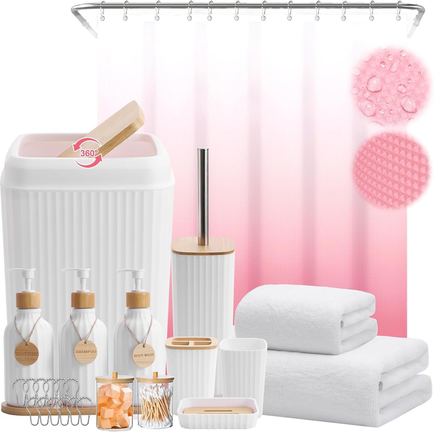 32PCS Bathroom Sets with Shower Curtain and Rugs Beige Bathroom Accessories Set Shower Curtain Set 3PCS Lotion Soap Dispenser Bathroom Accessories with Black Bathroom Decor