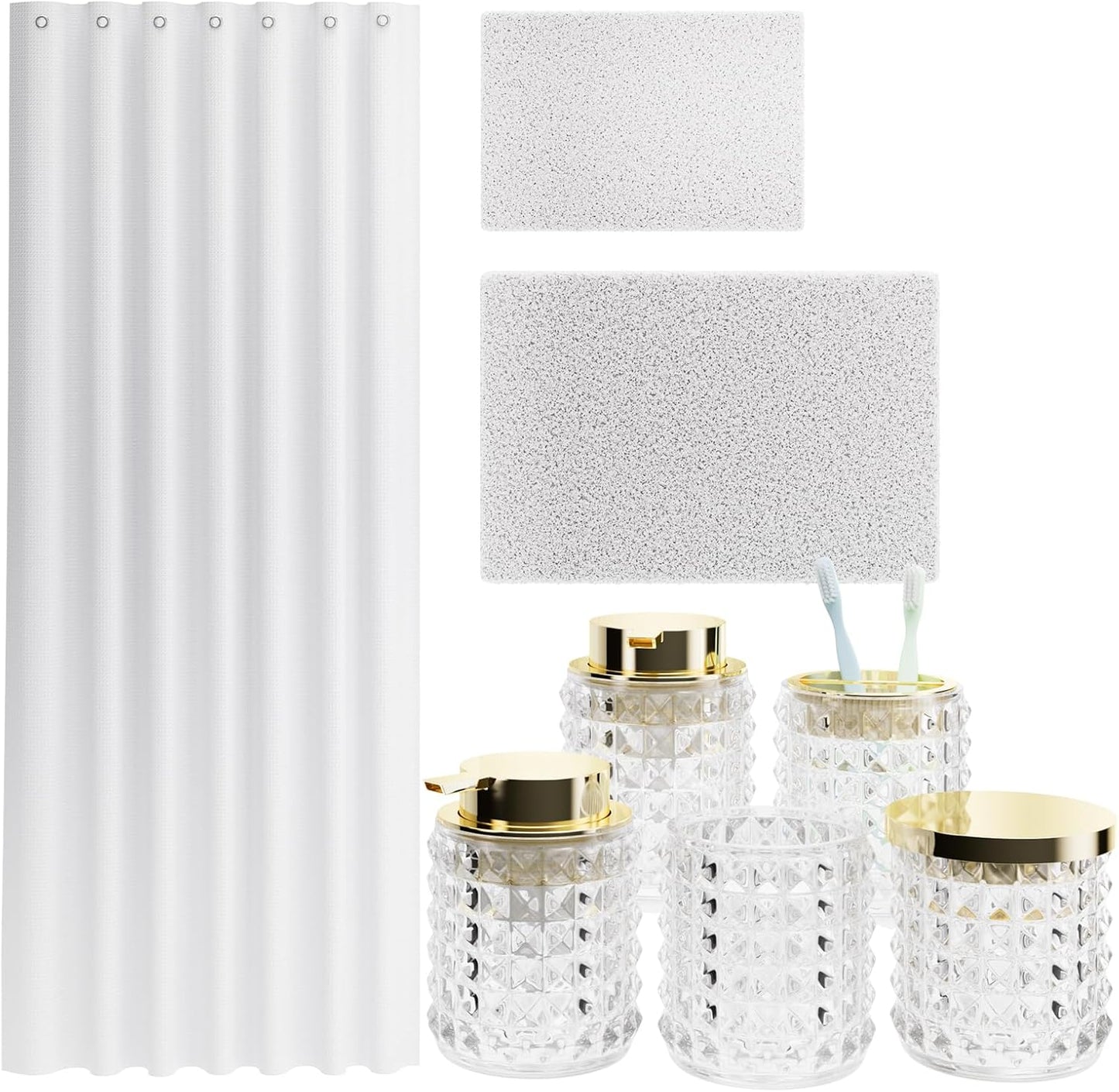 Bathroom Sets with Shower Curtain and Rugs and Accessories, Glass Bathroom Accessories Set Green Bathroom Set Bathroom Sets, Green Bath Mat and Diamond Soap Dispenser for Bathroom Decor