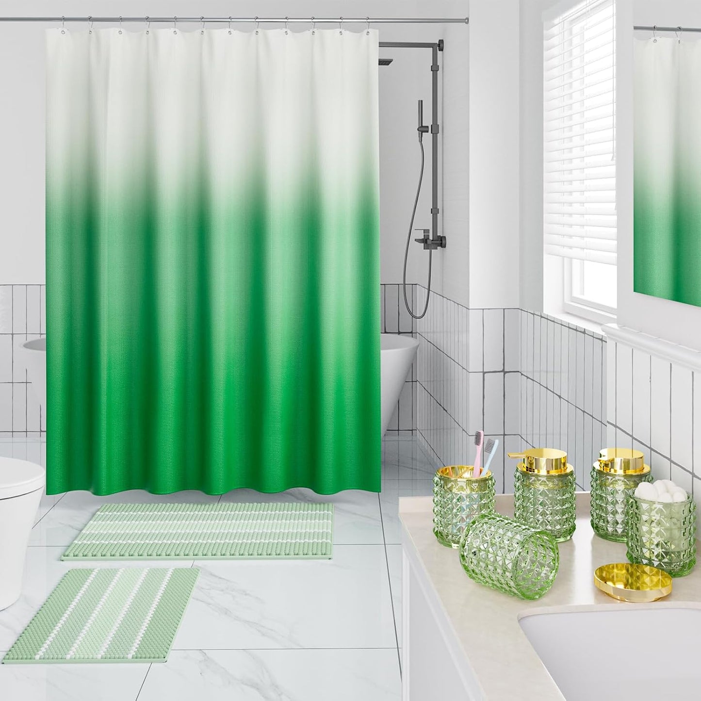 Bathroom Sets with Shower Curtain and Rugs and Accessories, Glass Bathroom Accessories Set Green Bathroom Set Bathroom Sets, Green Bath Mat and Diamond Soap Dispenser for Bathroom Decor