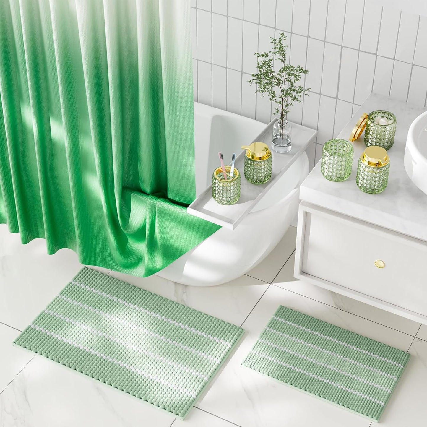 Bathroom Sets with Shower Curtain and Rugs and Accessories, Glass Bathroom Accessories Set Green Bathroom Set Bathroom Sets, Green Bath Mat and Diamond Soap Dispenser for Bathroom Decor