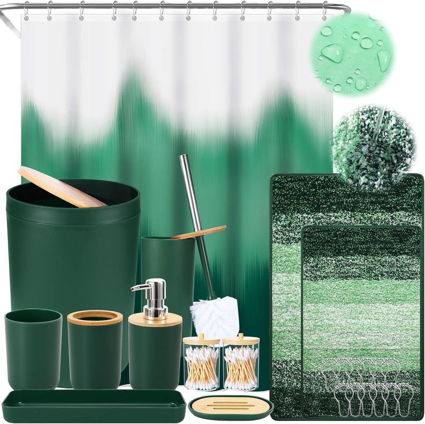 iMucci Bathroom Accessories Dark Green Bathroom Sets with Shower Curtain and Rug, Dark Green Ombre Waterproof Shower Curtain with Ultra Absorbent Rug Bathroom Accessories Set for Home