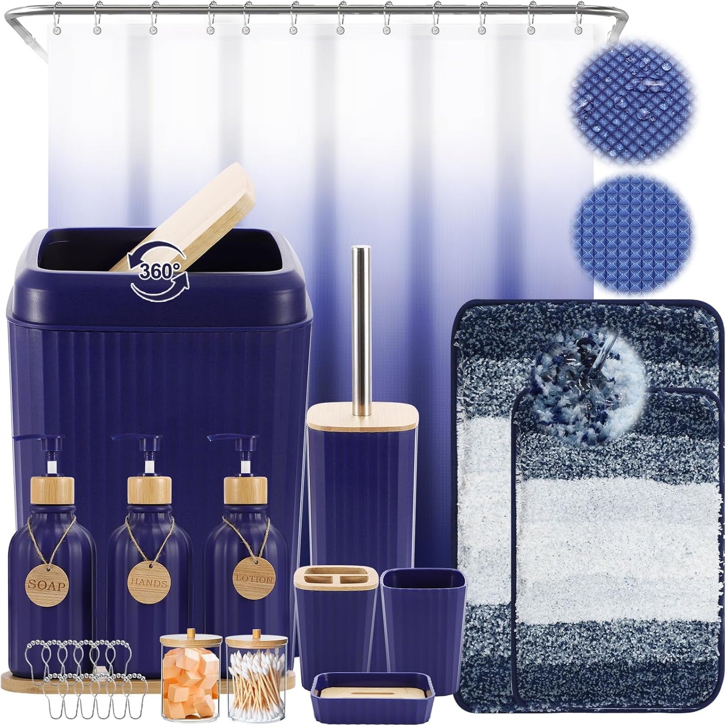 32PCS Bathroom Sets with Shower Curtain and Rugs,Bathroom Set Black Bathroom Accessories Black Shower Curtain Set with Bathroom Trash Can